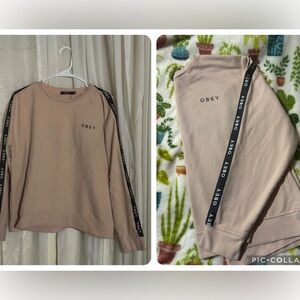 Obey Light Tan Sweatshirt with Black Logo Tape